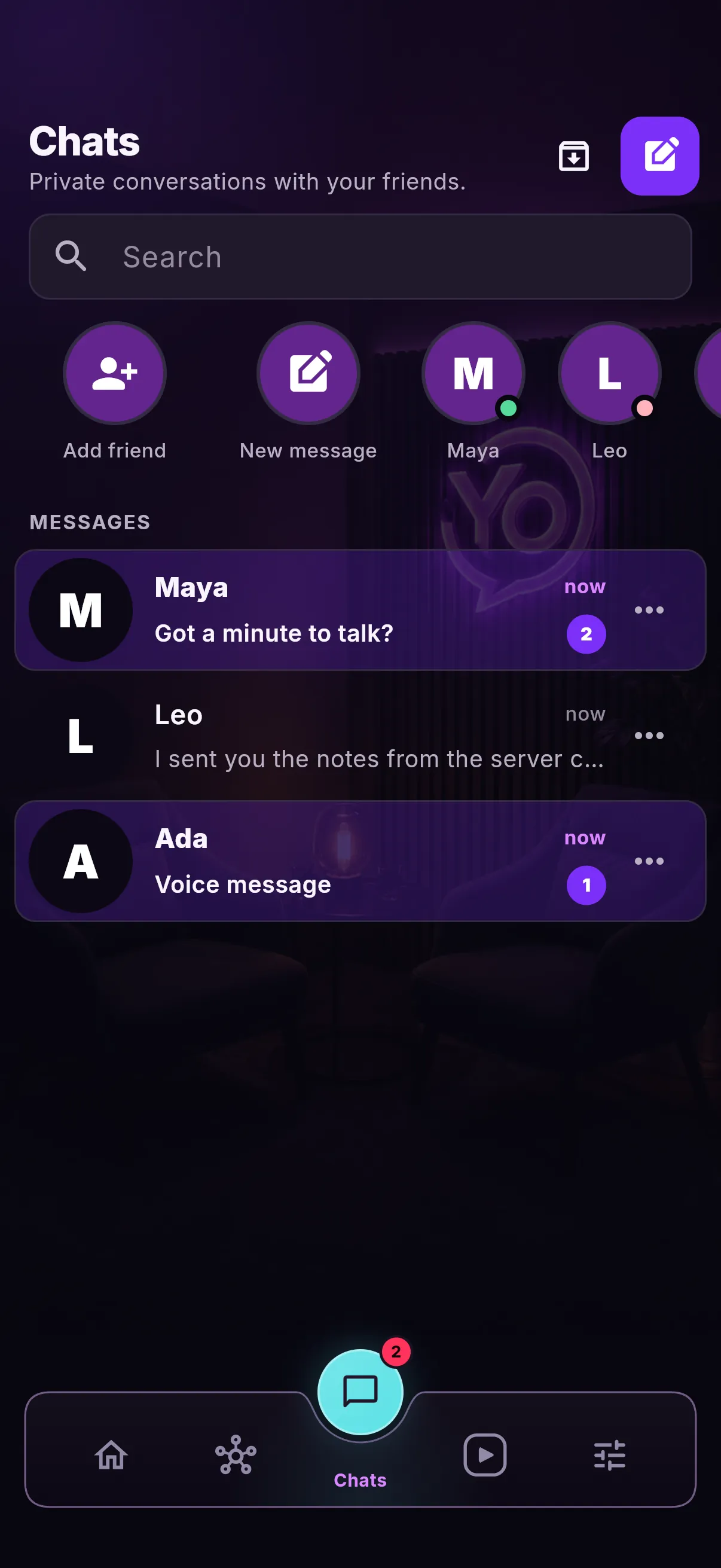 Chats on a phone: a list of private conversations, one of them a voice message.