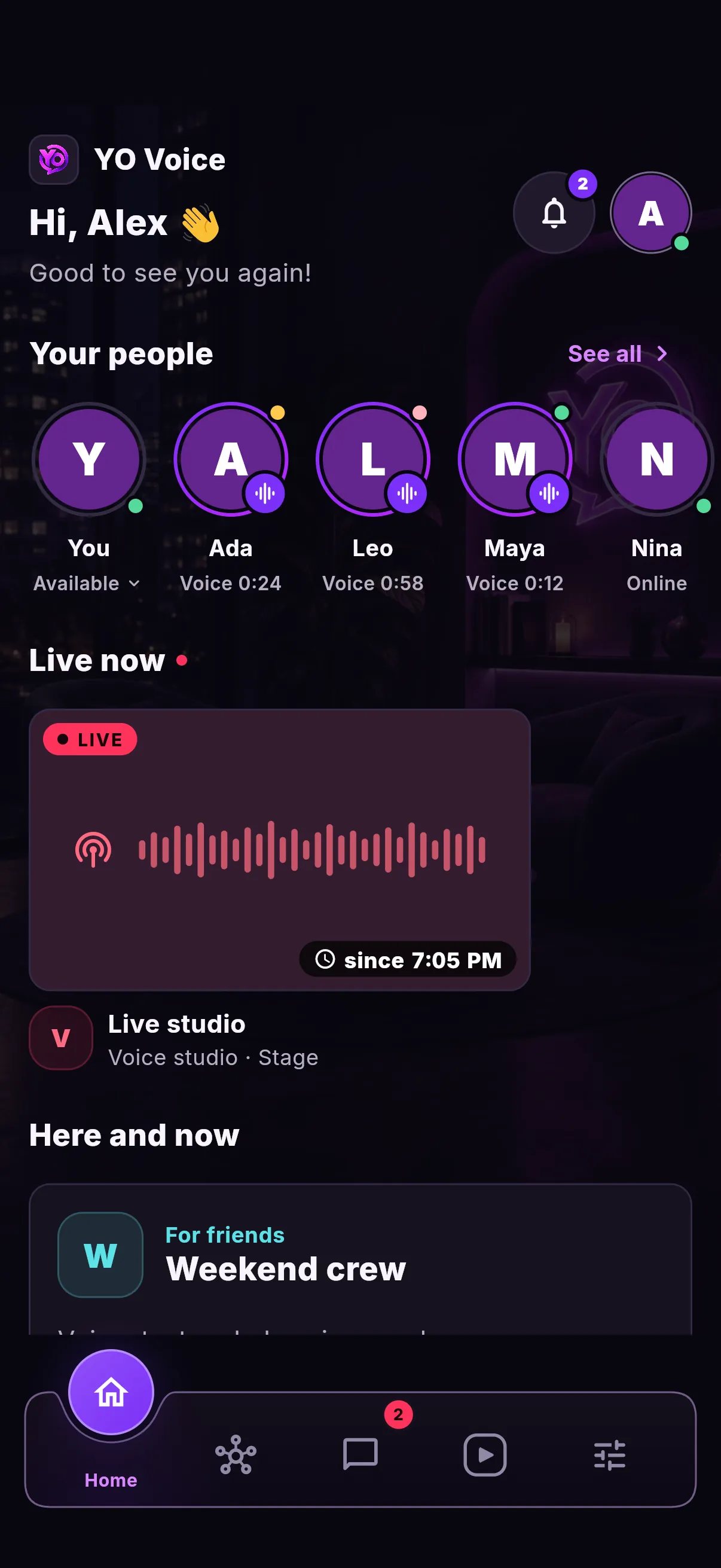 YO Voice Home on a phone: the YO Voice logo and a greeting, a Your people row with friends and their Voice Moments, a Live now card for a live Stage channel, and Here and now with one of your servers, above the navigation dock.